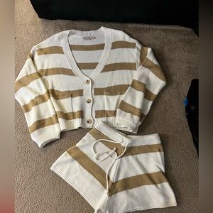 Beige Botony knit Cardigan and Shorts Set